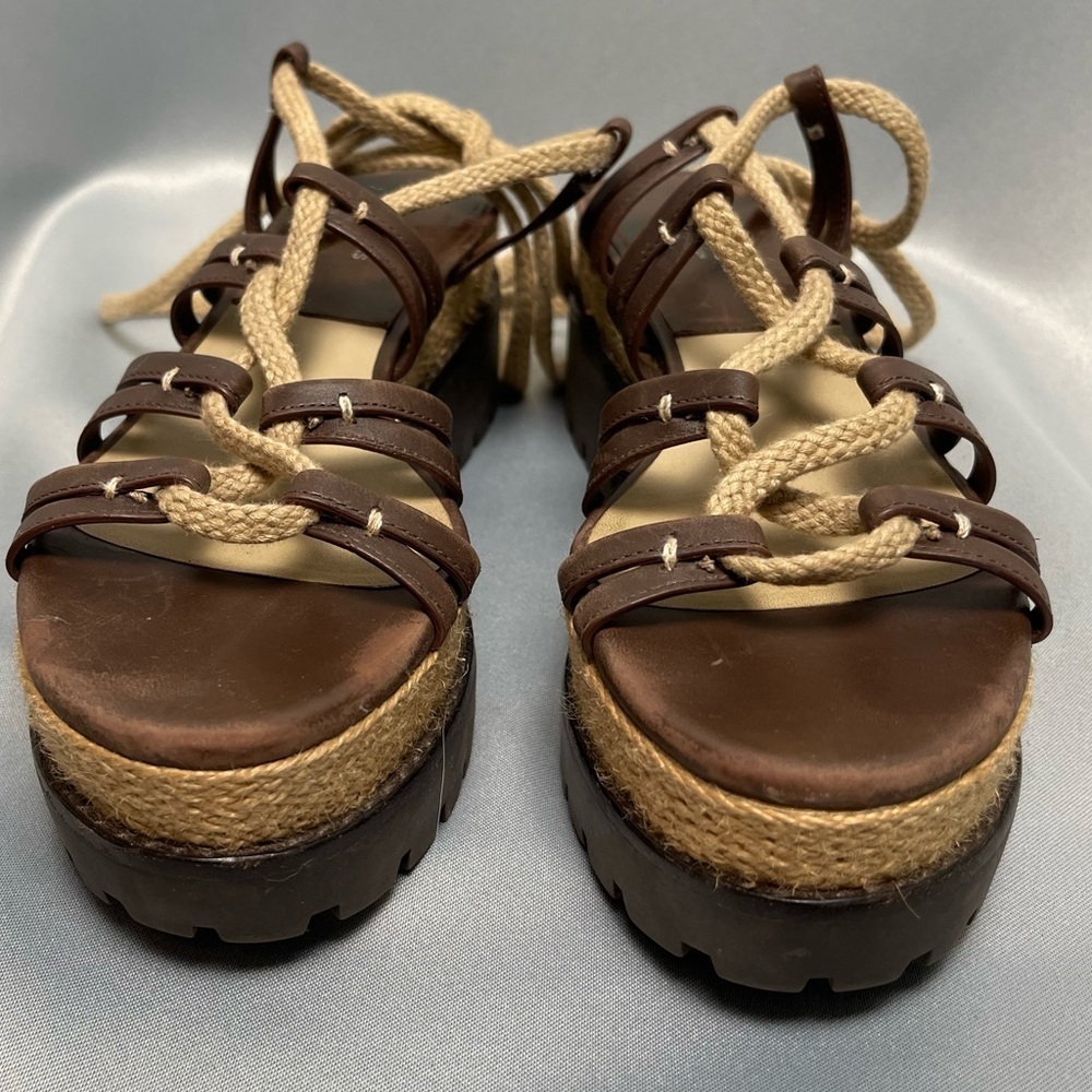 Michael Kors Brown Beige Platform Flatform Lace Up Sandals - Size 7.5, EU 37.5 - Picture 4 of 14